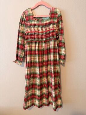 April Cornell girls Red, Green & Cream Plaid Smocked Midi Dress